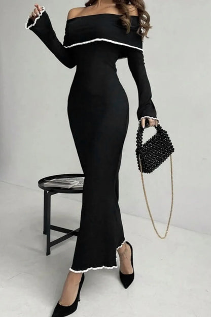 She Wears Glory™ Contrast Trim Off-Shoulder Long Sleeve Maxi Sweater Dress - She Wears Glory Beverly Hills