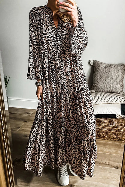 She Wears Glory “Jael” Leopard Notched Long Sleeve Maxi Dress - She Wears Glory Beverly Hills