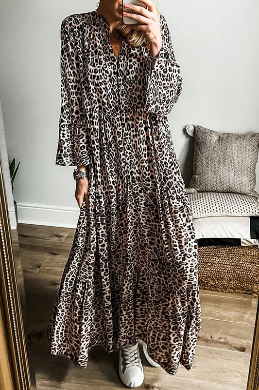 She Wears Glory “Jael” Leopard Notched Long Sleeve Maxi Dress - She Wears Glory Beverly Hills