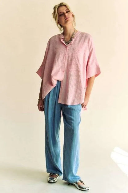 She Wears Glory™ – The Radiant Witness Shirt (Rhinestone Pleat-Back Loose Fit Blouse) - She Wears Glory Beverly Hills