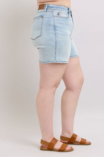 She Wears Glory™ “Redeemed Denim” 2-Button High-Rise Shorts with Pockets – Plus Size - She Wears Glory Beverly Hills