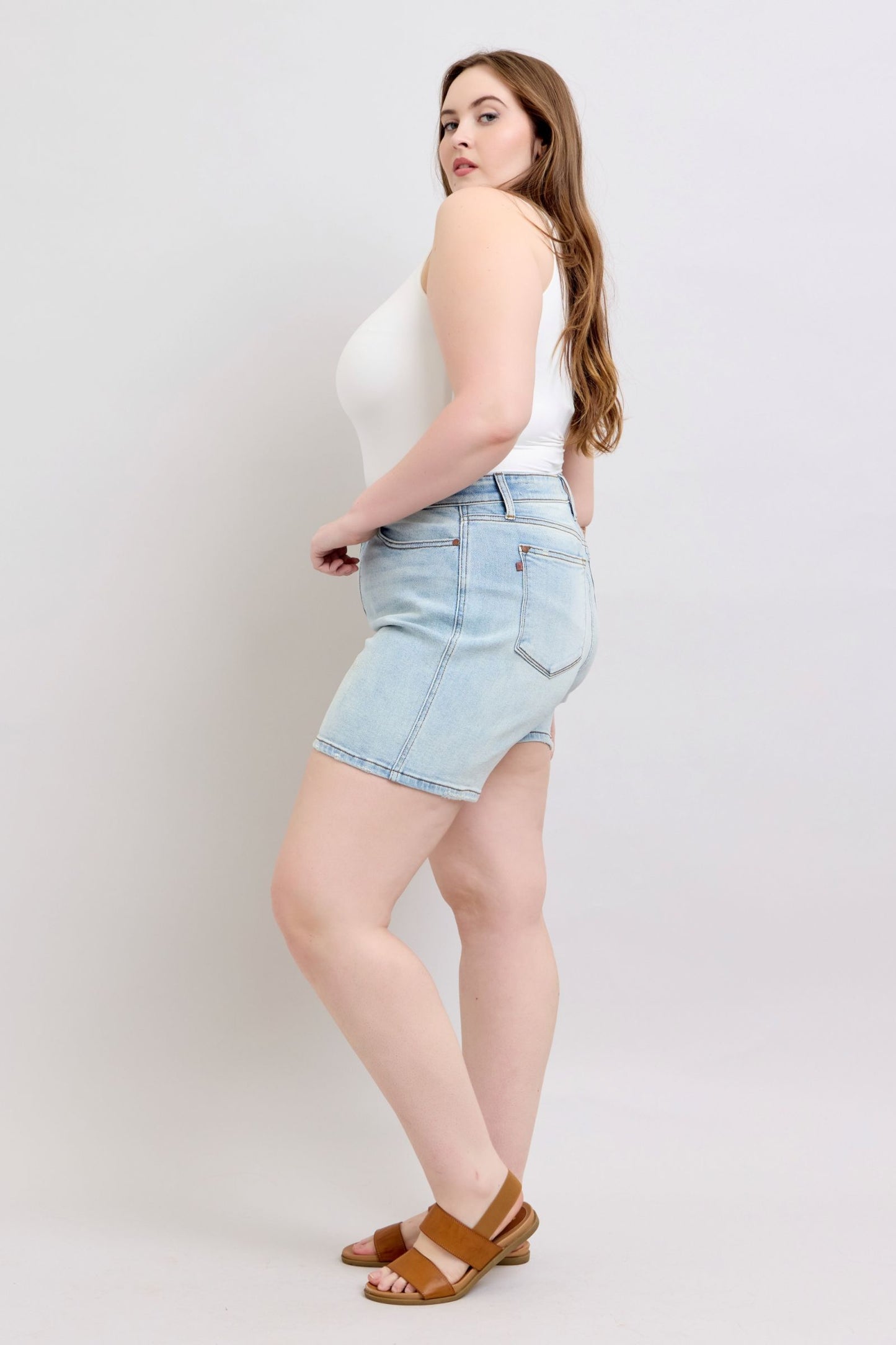 She Wears Glory™ “Redeemed Denim” 2-Button High-Rise Shorts with Pockets – Plus Size - She Wears Glory Beverly Hills