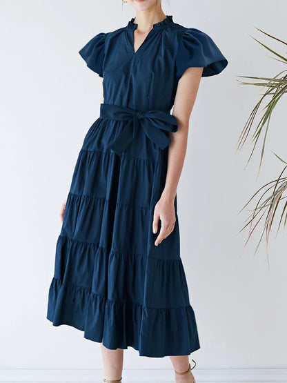 She Wears Glory™ Ruched Tiered Notched Short Sleeve Dress - She Wears Glory Beverly Hills