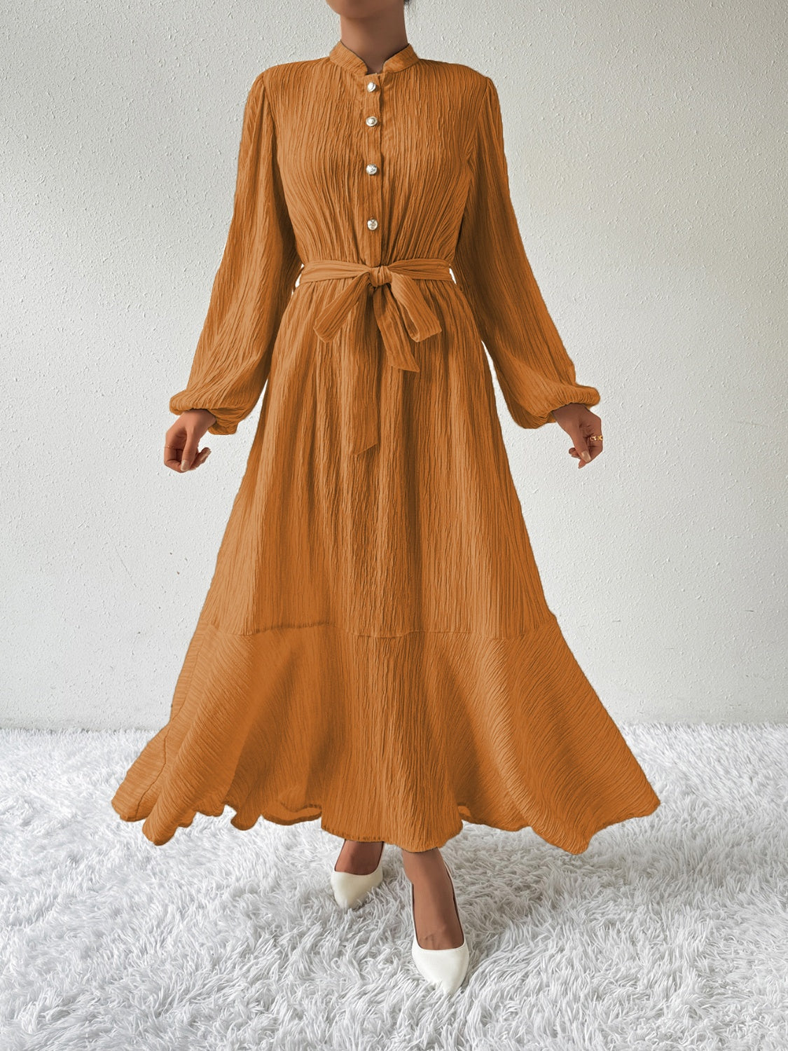 She Wears Glory™ “Honeyed Honor” Tie Waist Long Sleeve Dress - She Wears Glory Beverly Hills