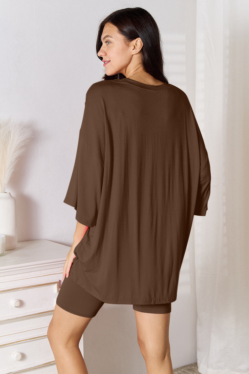 She Wears Glory™ Sacred Comfort Lounge Set Two-Piece Soft Rayon Three-Quarter Sleeve Top and Shorts Set - She Wears Glory Beverly Hills