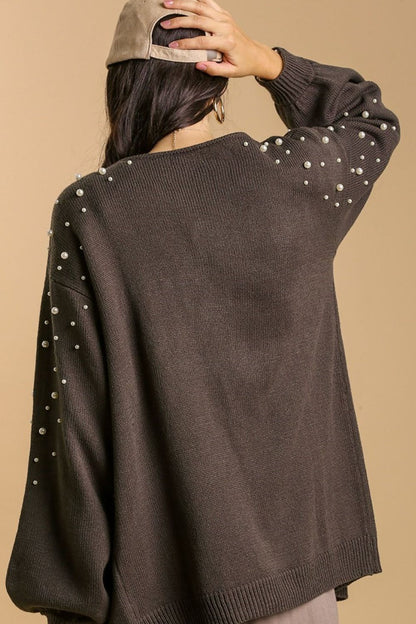 She Wears Glory™ “Crowned in Grace” Pearl-Trimmed Open Cardigan - She Wears Glory Beverly Hills
