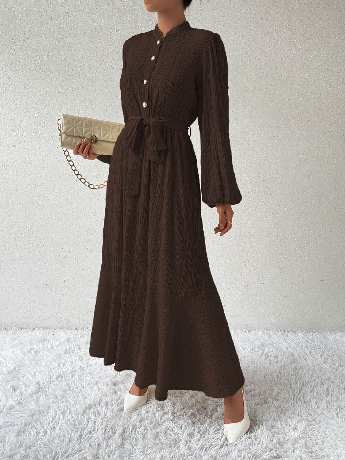 She Wears Glory™ “Honeyed Honor” Tie Waist Long Sleeve Dress - She Wears Glory Beverly Hills