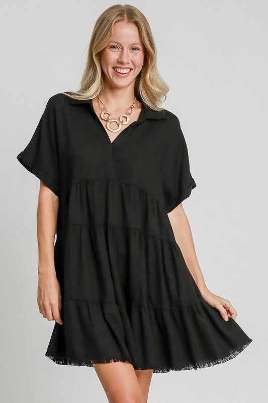 She Wears Glory™ Raw Hem Folded Sleeve Tiered Dress - She Wears Glory Beverly Hills