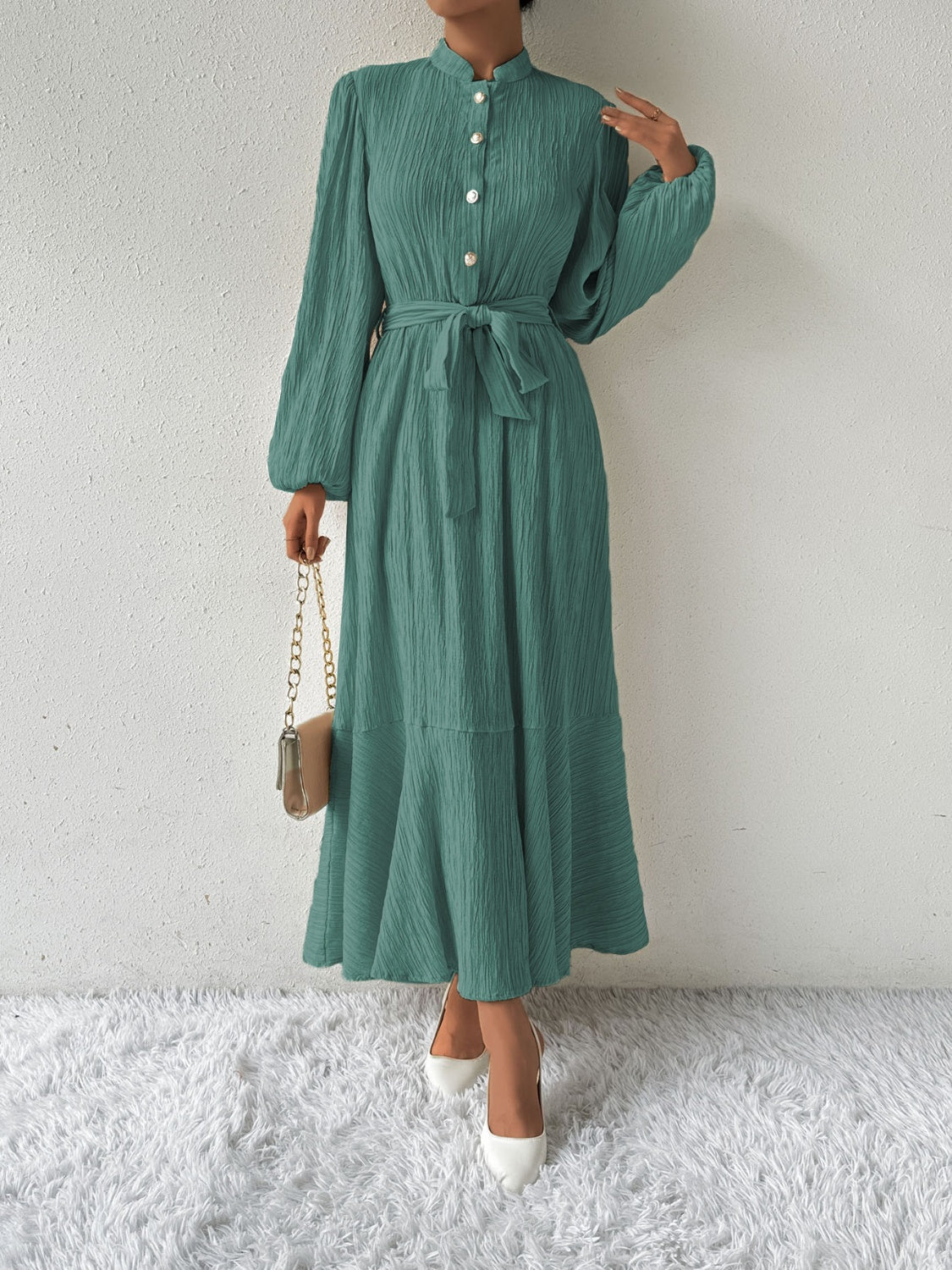 She Wears Glory™ “Honeyed Honor” Tie Waist Long Sleeve Dress - She Wears Glory Beverly Hills