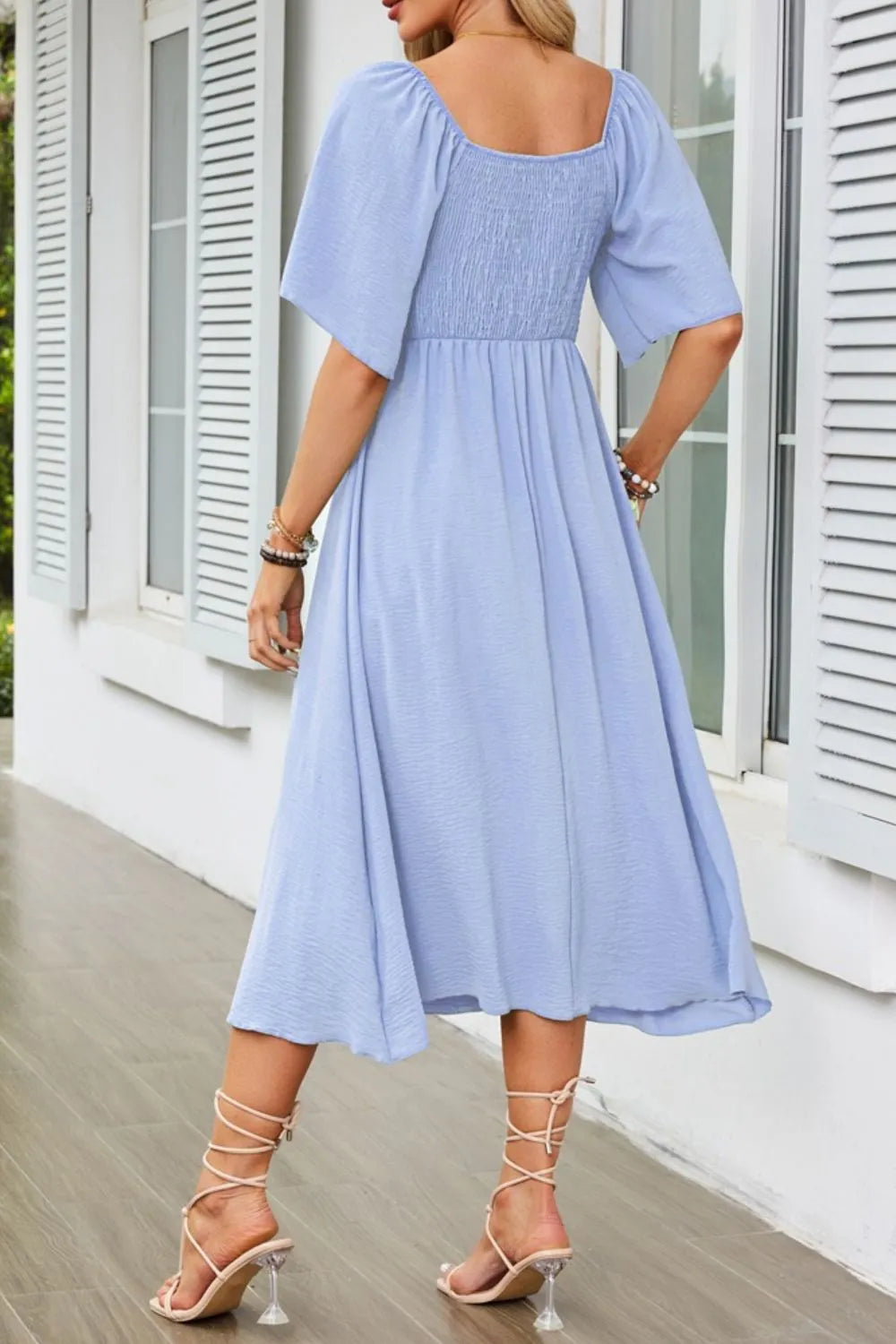 Smocked Tie Front Flutter Sleeve Midi Dress - She Wears Glory Beverly Hills