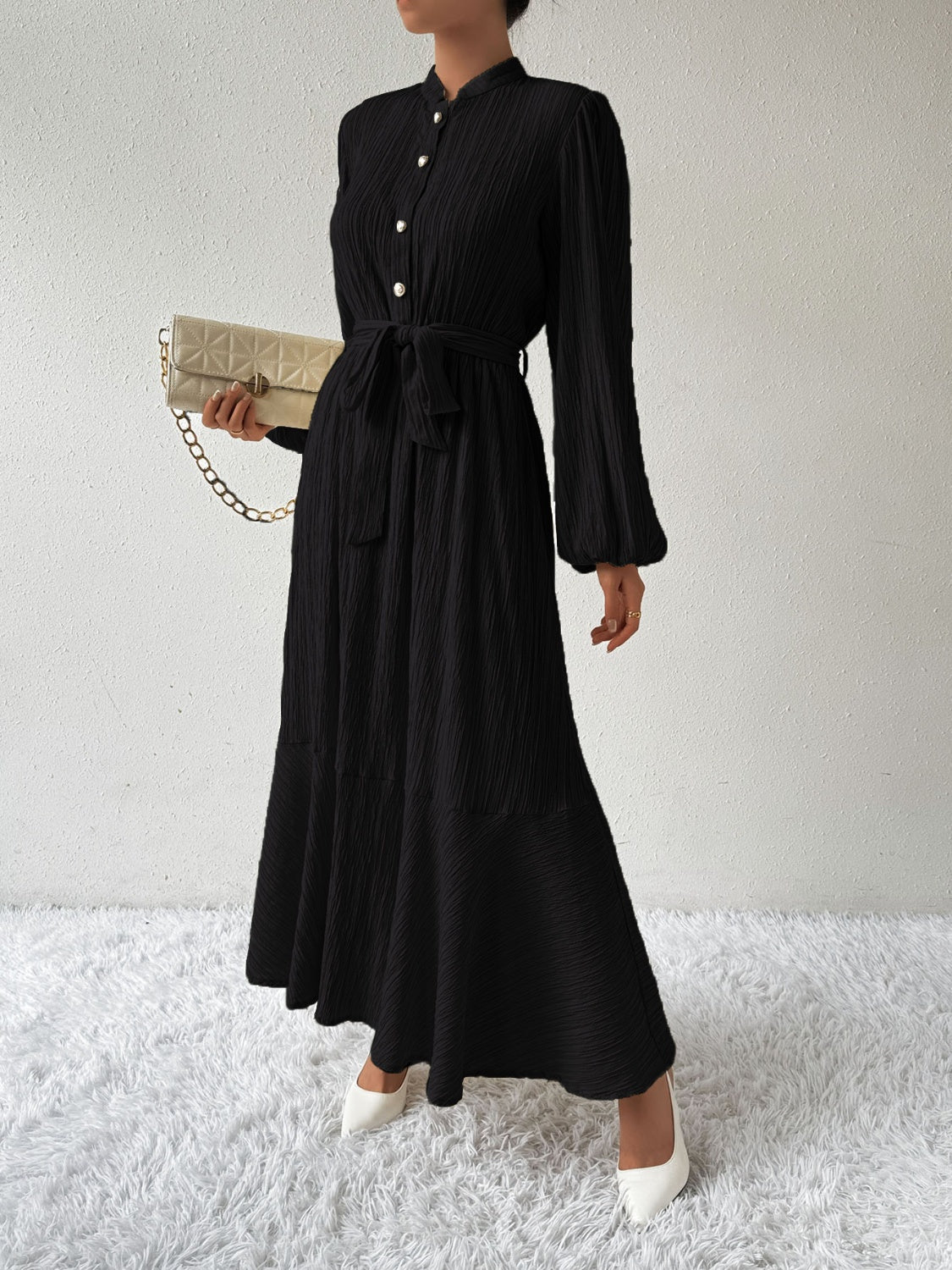She Wears Glory™ “Honeyed Honor” Tie Waist Long Sleeve Dress - She Wears Glory Beverly Hills