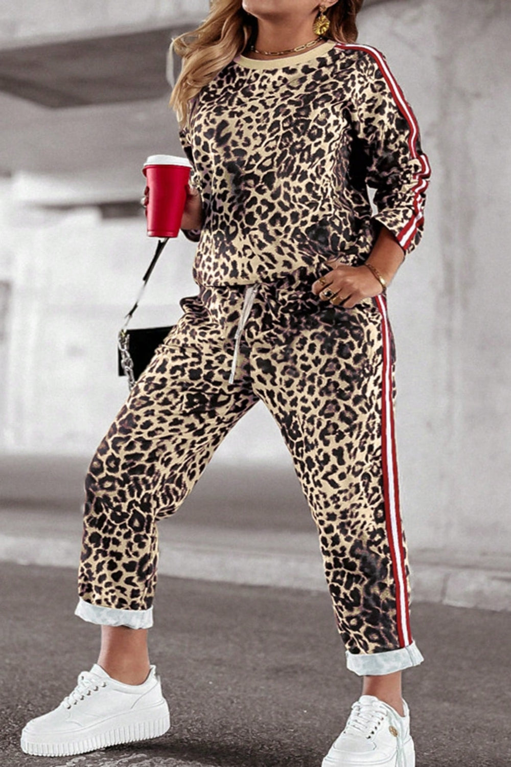She Wears Glory™ “Fearless Radiance” Plus Size Leopard Round Neck Top and Pants Set - She Wears Glory Beverly Hills