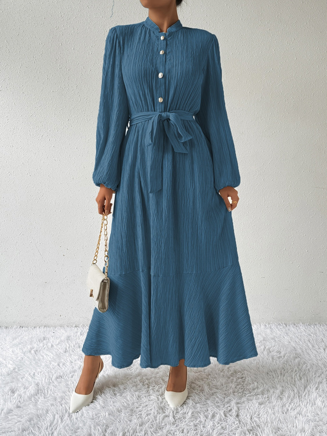 She Wears Glory™ “Honeyed Honor” Tie Waist Long Sleeve Dress - She Wears Glory Beverly Hills