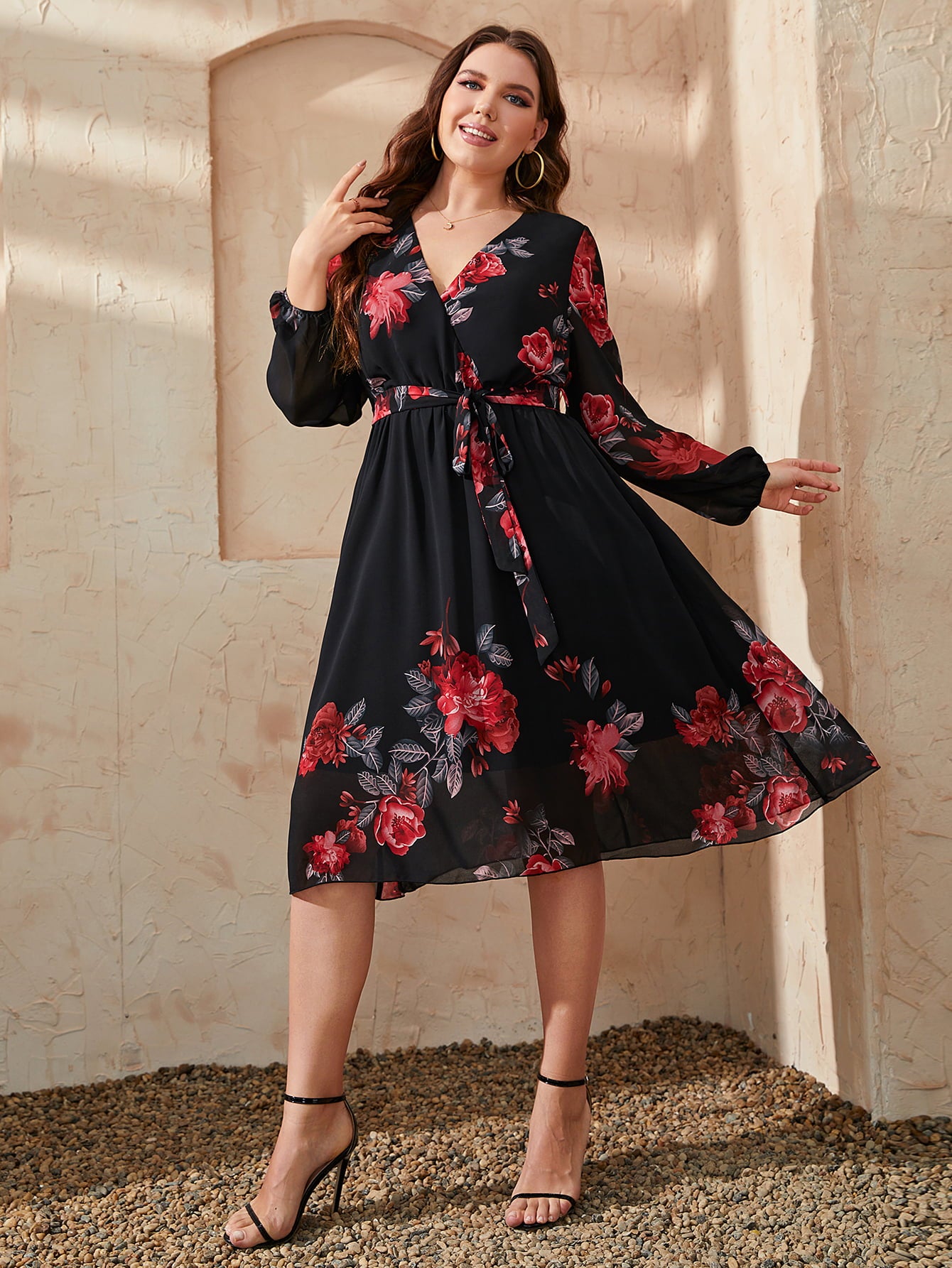 She Wears Glory™ “Radiant Rejoice” Plus Size Floral Surplice Midi Dress - She Wears Glory Beverly Hills