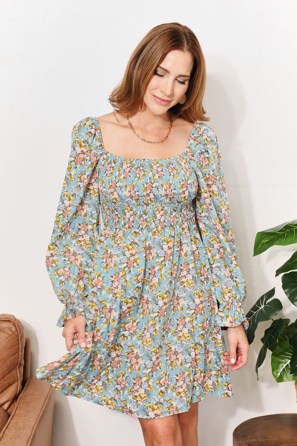She Wears Glory™ “Eden Bloom” Honey Floral Smocked Flounce Sleeve Square Neck Dress - She Wears Glory Beverly Hills