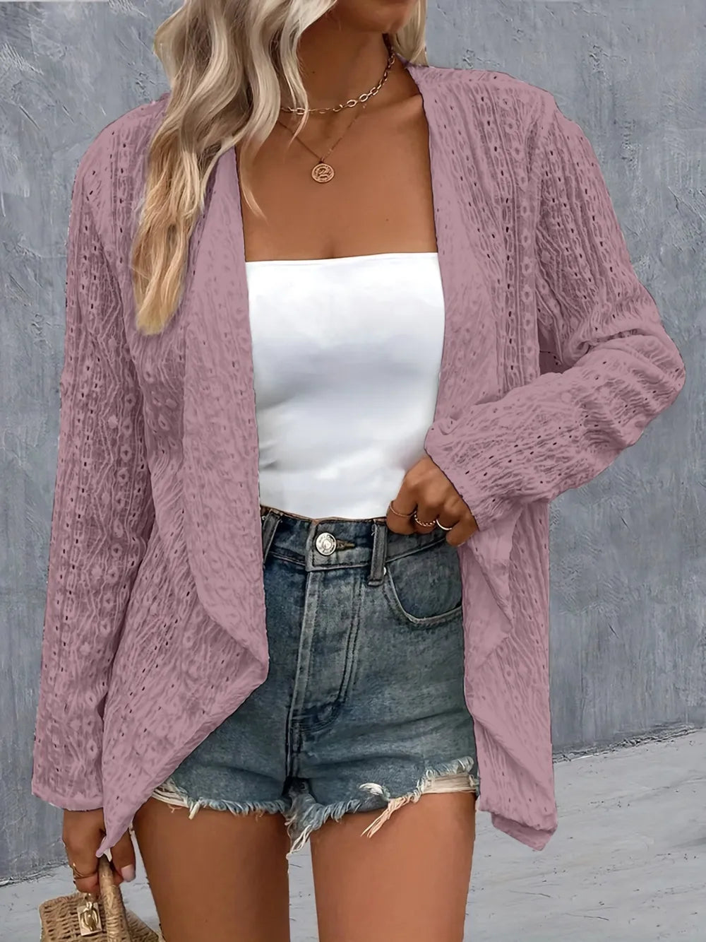 She Wears Glory™ Eyelet Roll-Tab Sleeve Cardigan - She Wears Glory Beverly Hills