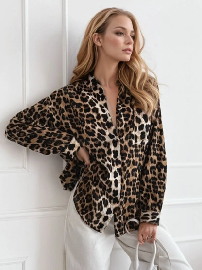She Wears Glory™ “Timeless Majesty” Leopard Collared Neck Long Sleeve Shirt - She Wears Glory Beverly Hills
