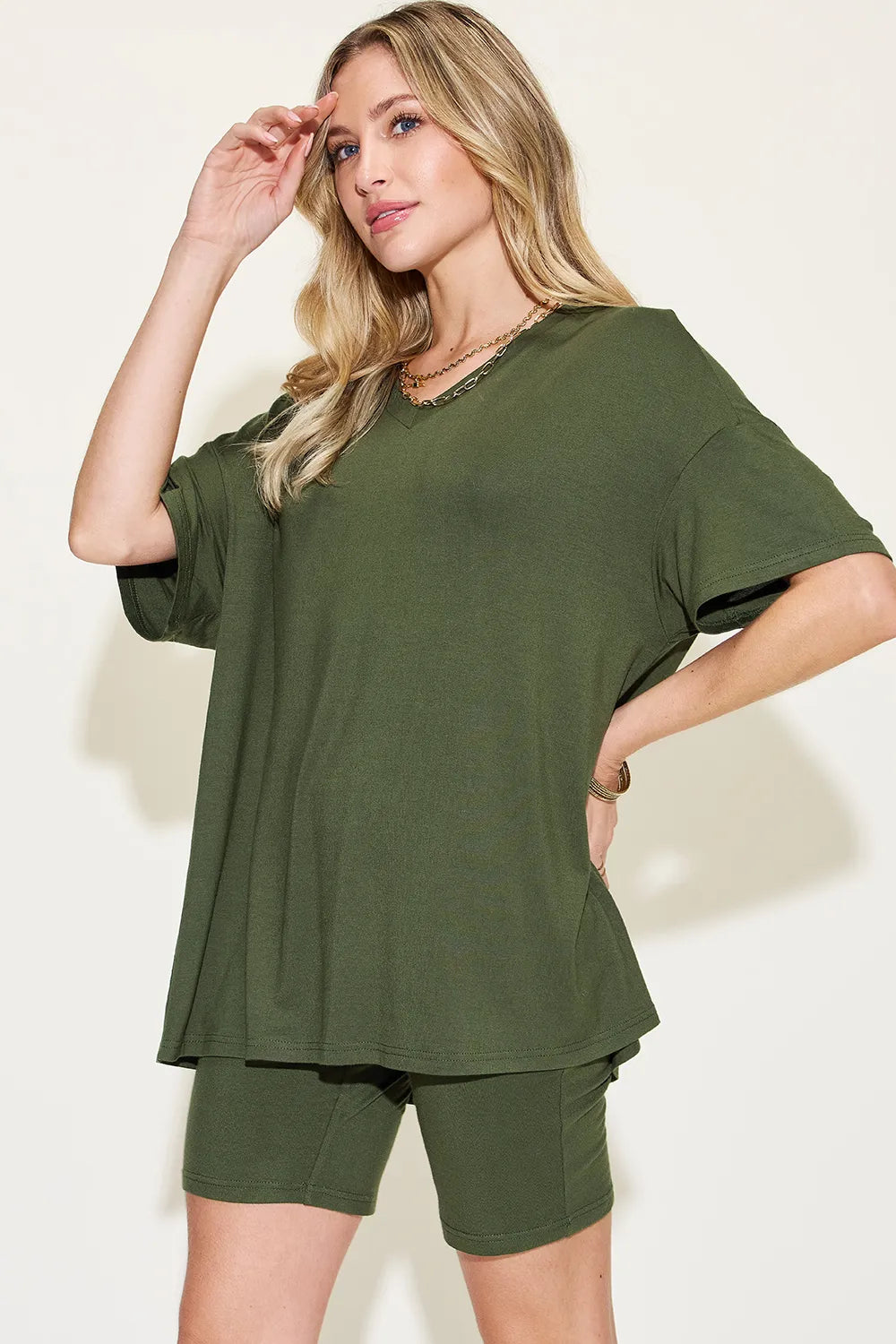 She Wears Glory™ Divine Ease Lounge Set Two-Piece Three-Quarter Sleeve Top &amp; Shorts in Soft Rayon Blend - She Wears Glory Beverly Hills