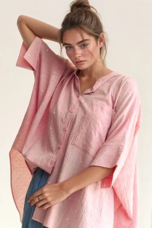 She Wears Glory™ – The Radiant Witness Shirt (Rhinestone Pleat-Back Loose Fit Blouse) - She Wears Glory Beverly Hills