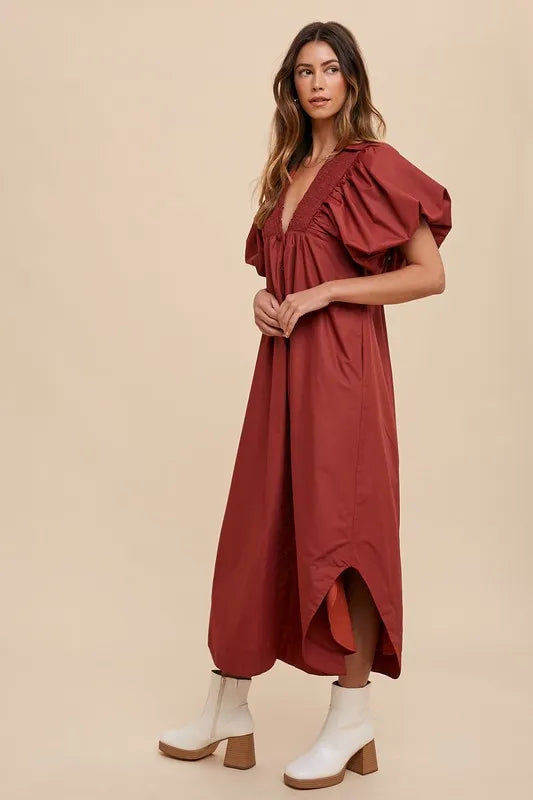 She Wears Glory™ Glory Smocked Radiance Midi Dress in Soft Clay - She Wears Glory Beverly Hills
