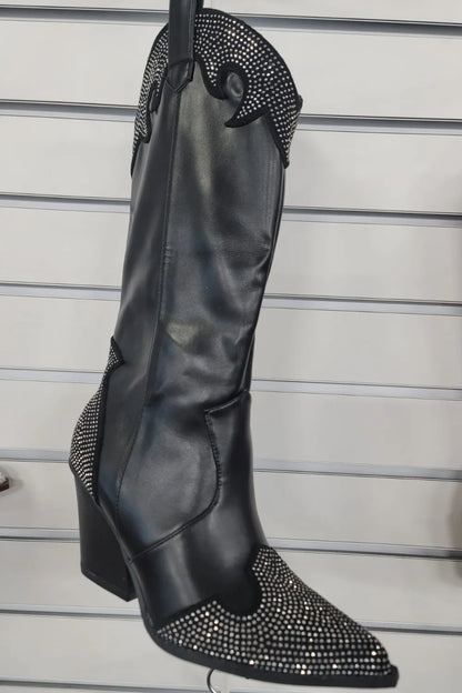 She Wears Glory™ Chunky Heel Rhinestone Decor Western Boots - She Wears Glory Beverly Hills