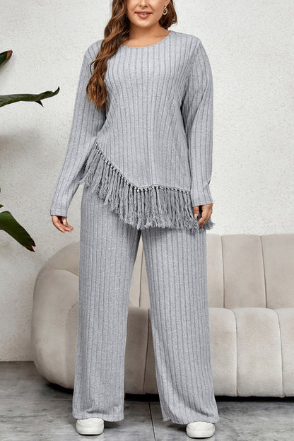 She Wears Glory™ “Divine Joy” Plus Size Tassel Hem Top and Pants Set - She Wears Glory Beverly Hills