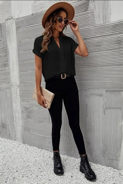 She Wears Glory™ — Rooted & Radiant Notched Short Sleeve Blouse - She Wears Glory Beverly Hills