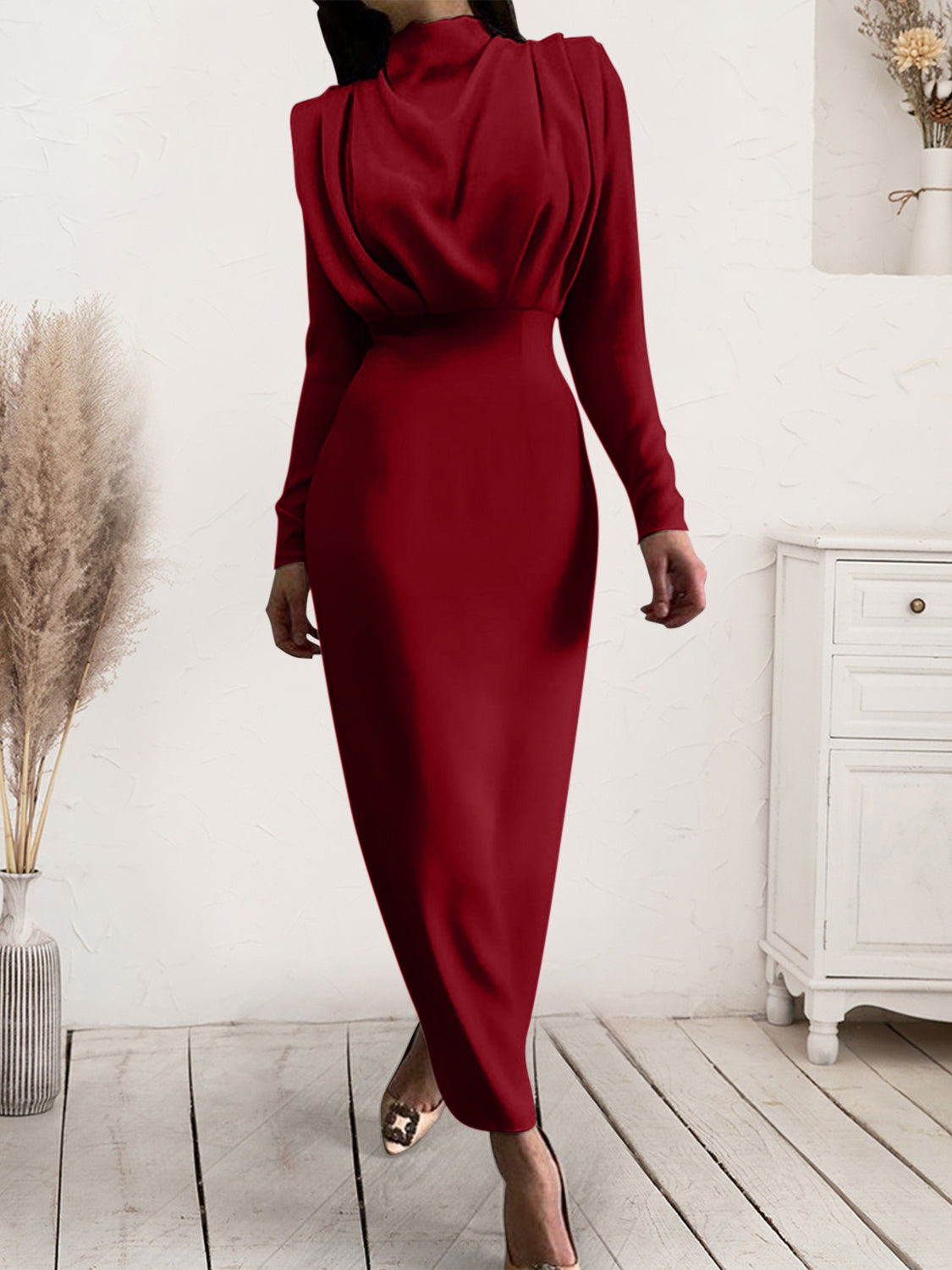 She Wears Glory™ “Majestic Dignity” Ruched Turtleneck Long Sleeve Dress - She Wears Glory Beverly Hills