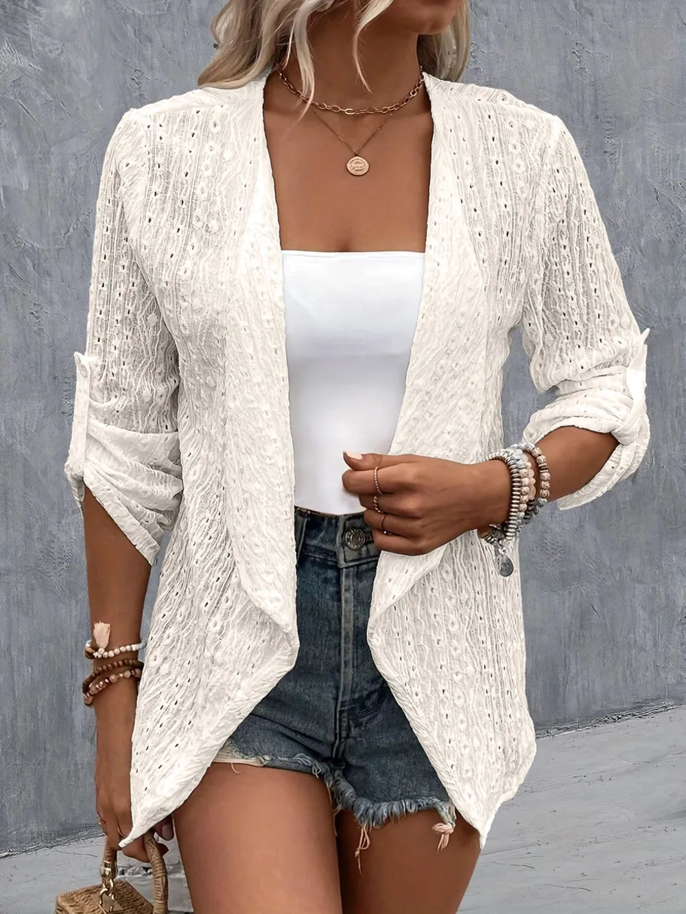 She Wears Glory™ Eyelet Roll-Tab Sleeve Cardigan - She Wears Glory Beverly Hills