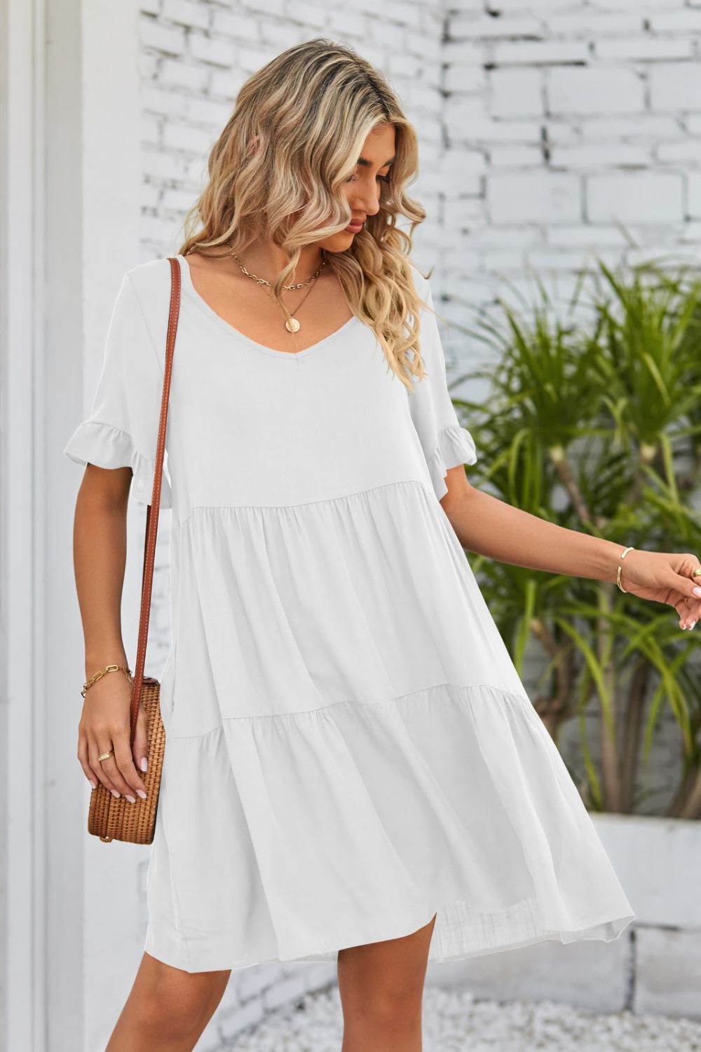 She Wears Glory™ Mandy V-Neck Flounce Sleeve Tiered Dress - She Wears Glory Beverly Hills