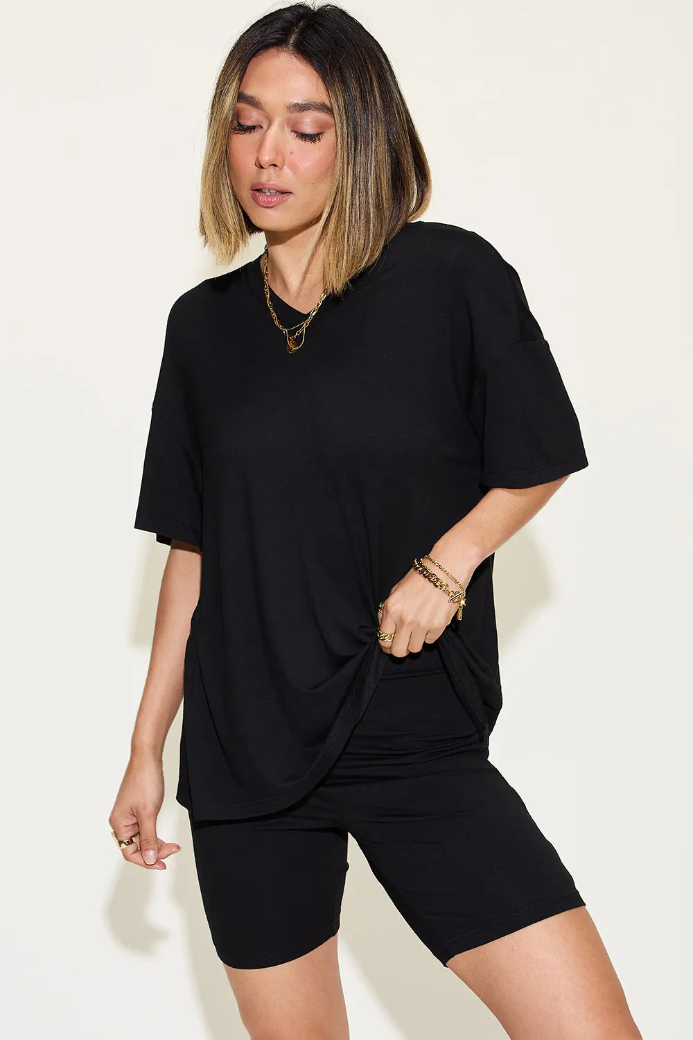 She Wears Glory™ Divine Ease Lounge Set Two-Piece Three-Quarter Sleeve Top &amp; Shorts in Soft Rayon Blend - She Wears Glory Beverly Hills