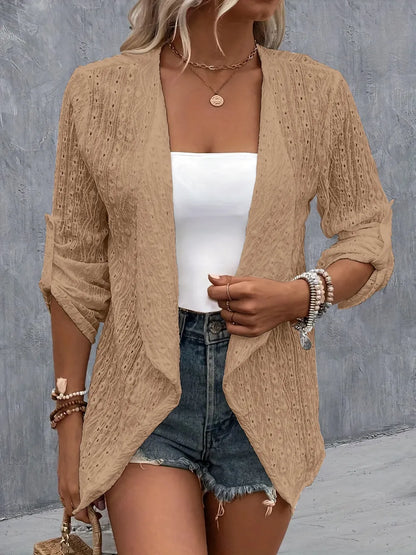 She Wears Glory™ Eyelet Roll-Tab Sleeve Cardigan - She Wears Glory Beverly Hills