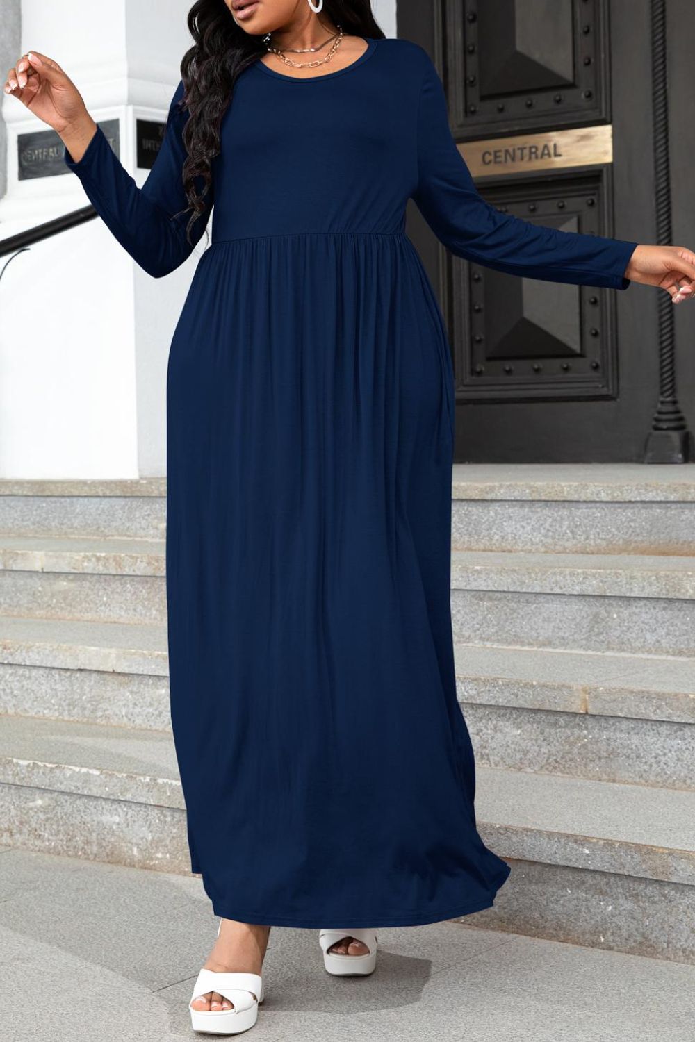 She Wears Glory™ “Sacred Grace” Round Neck Long Sleeve Maxi Dress with Pockets - She Wears Glory Beverly Hills