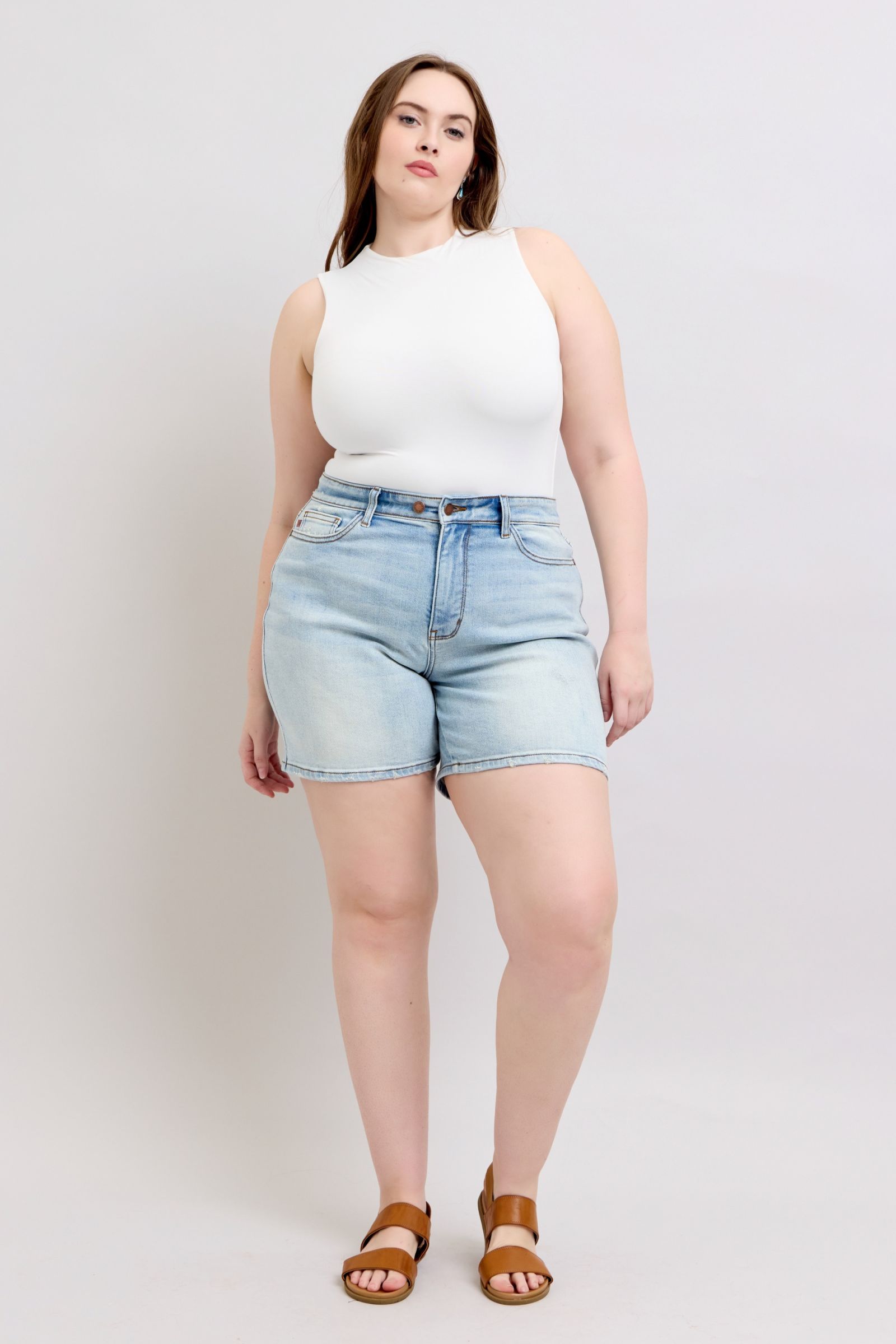 She Wears Glory™ “Redeemed Denim” 2-Button High-Rise Shorts with Pockets – Plus Size - She Wears Glory Beverly Hills