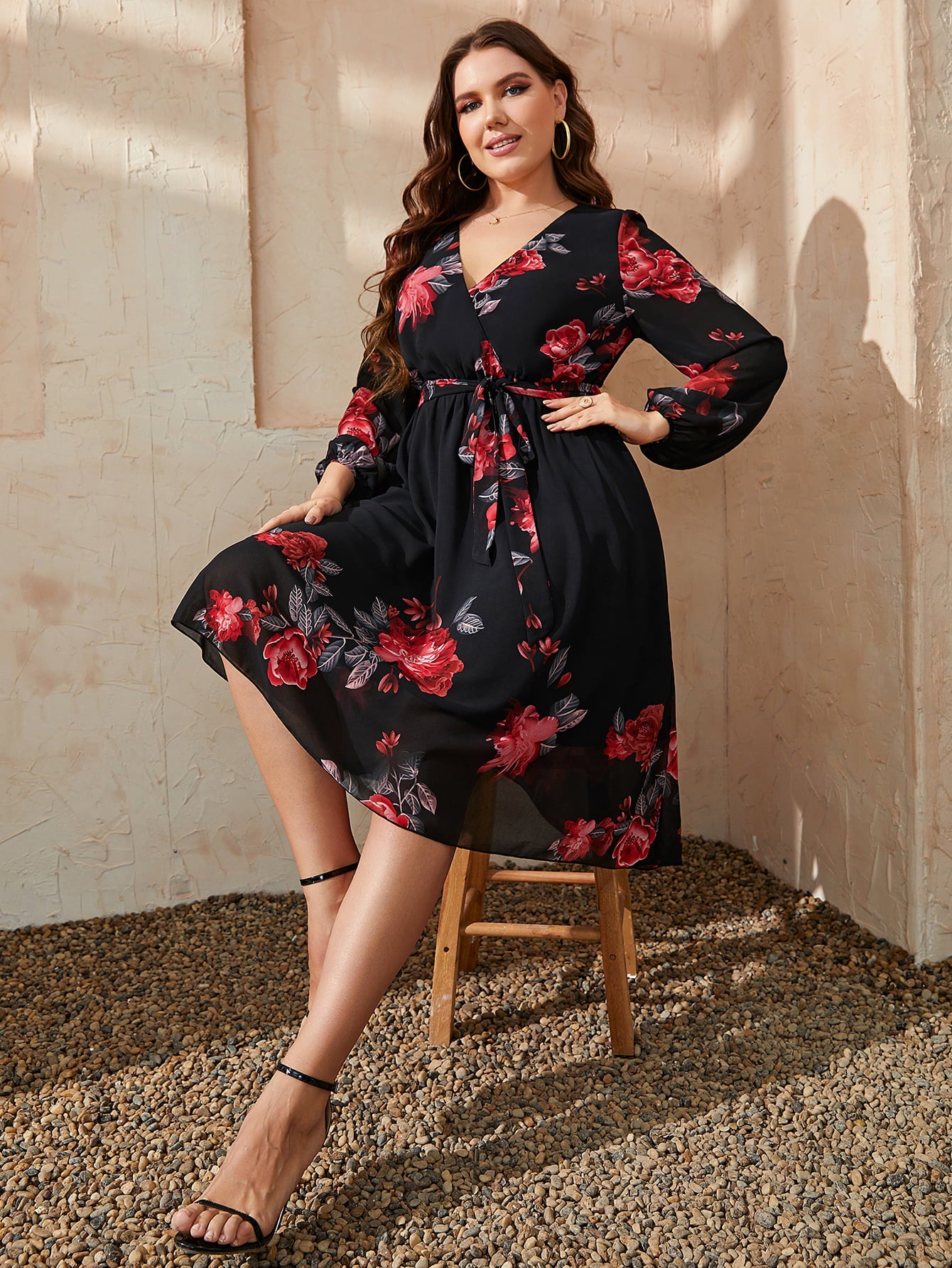She Wears Glory™ “Radiant Rejoice” Plus Size Floral Surplice Midi Dress - She Wears Glory Beverly Hills