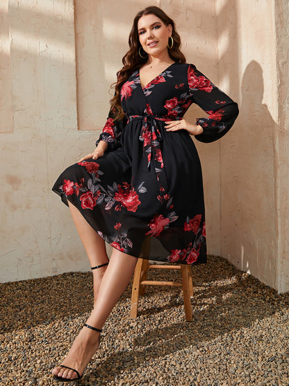 She Wears Glory™ “Radiant Rejoice” Plus Size Floral Surplice Midi Dress - She Wears Glory Beverly Hills