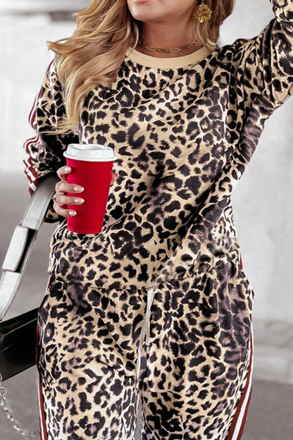 She Wears Glory™ “Fearless Radiance” Plus Size Leopard Round Neck Top and Pants Set - She Wears Glory Beverly Hills