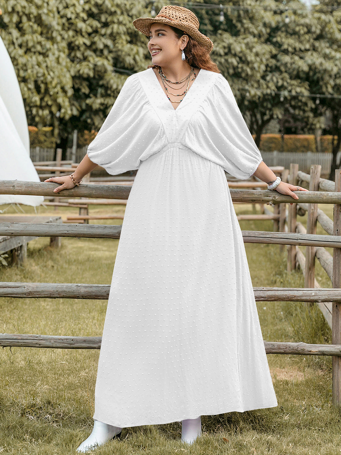 She Wears Glory™ “Graceful Anointing” Plus Size Swiss Dot V-Neck Three-Quarter Sleeve Dress - She Wears Glory Beverly Hills