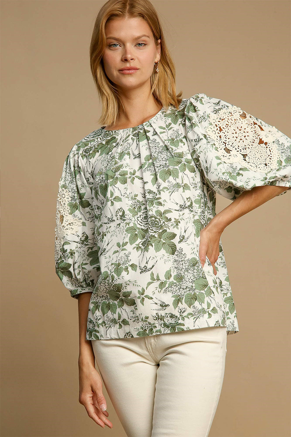 She Wears Glory™ – The Garden of Grace Blouse (Floral Pleated Lace Sleeve Top) - She Wears Glory Beverly Hills