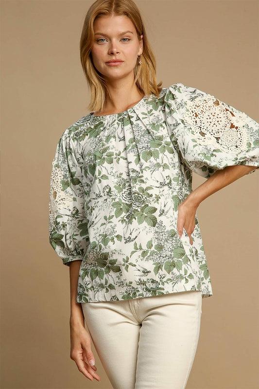 She Wears Glory™ – The Garden of Grace Blouse (Floral Pleated Lace Sleeve Top) - She Wears Glory Beverly Hills
