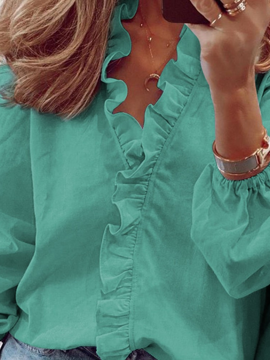Full Size Ruffled V-Neck Long Sleeve Blouse - She Wears Glory Beverly Hills