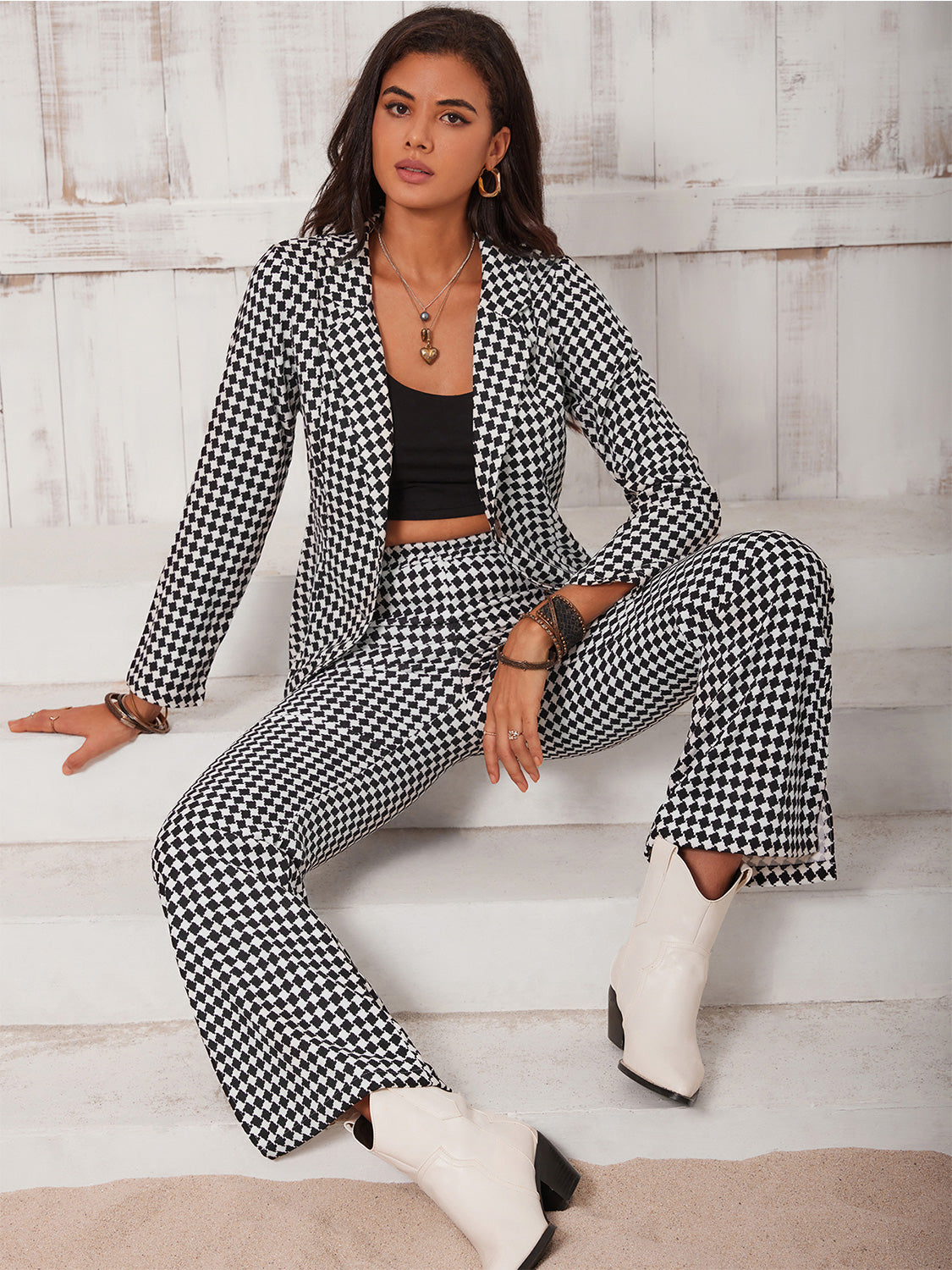 She Wears Glory “Discernment in Detail” Checkered Blazer & Slit Pants Set - She Wears Glory Beverly Hills