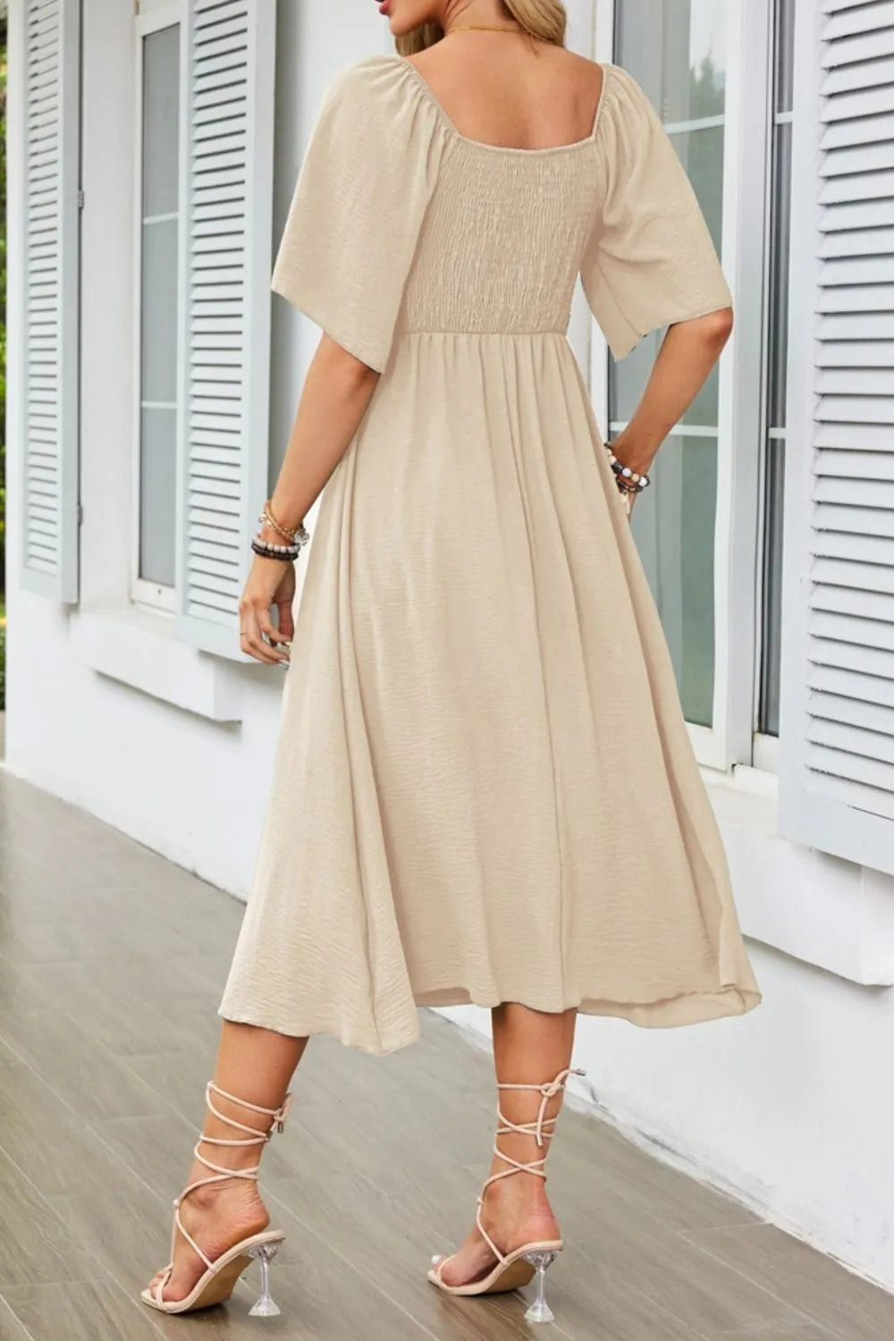 Smocked Tie Front Flutter Sleeve Midi Dress - She Wears Glory Beverly Hills