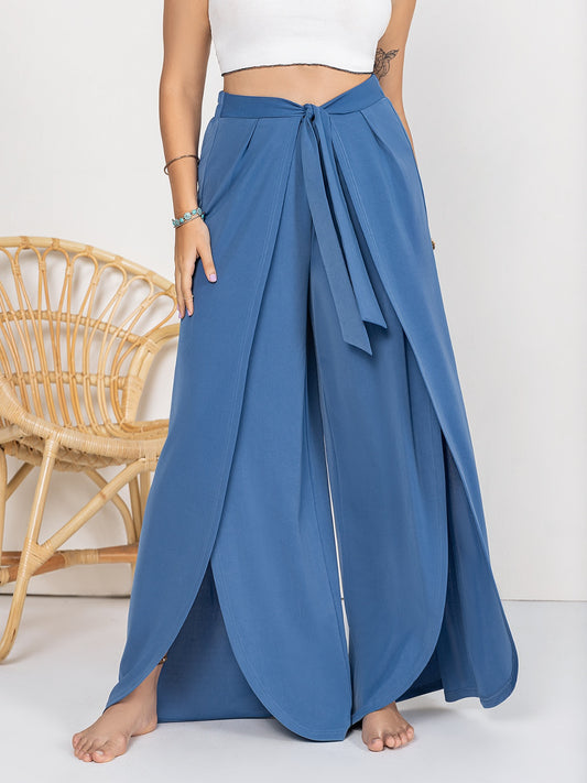 She Wears Glory™ “Graceful Journey” Tied Slit Wide Leg Pants - She Wears Glory Beverly Hills