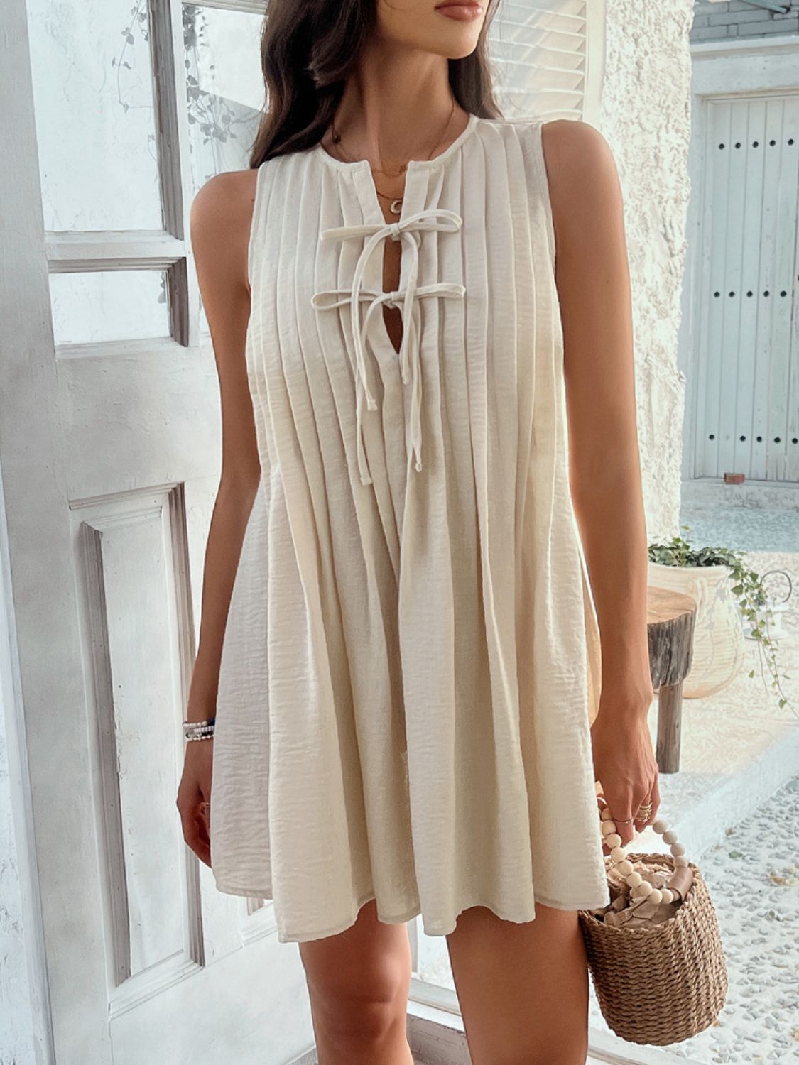 She Wears Glory™ “Divine Appointed” Pleated Tie-Waist Mini Dress - She Wears Glory Beverly Hills