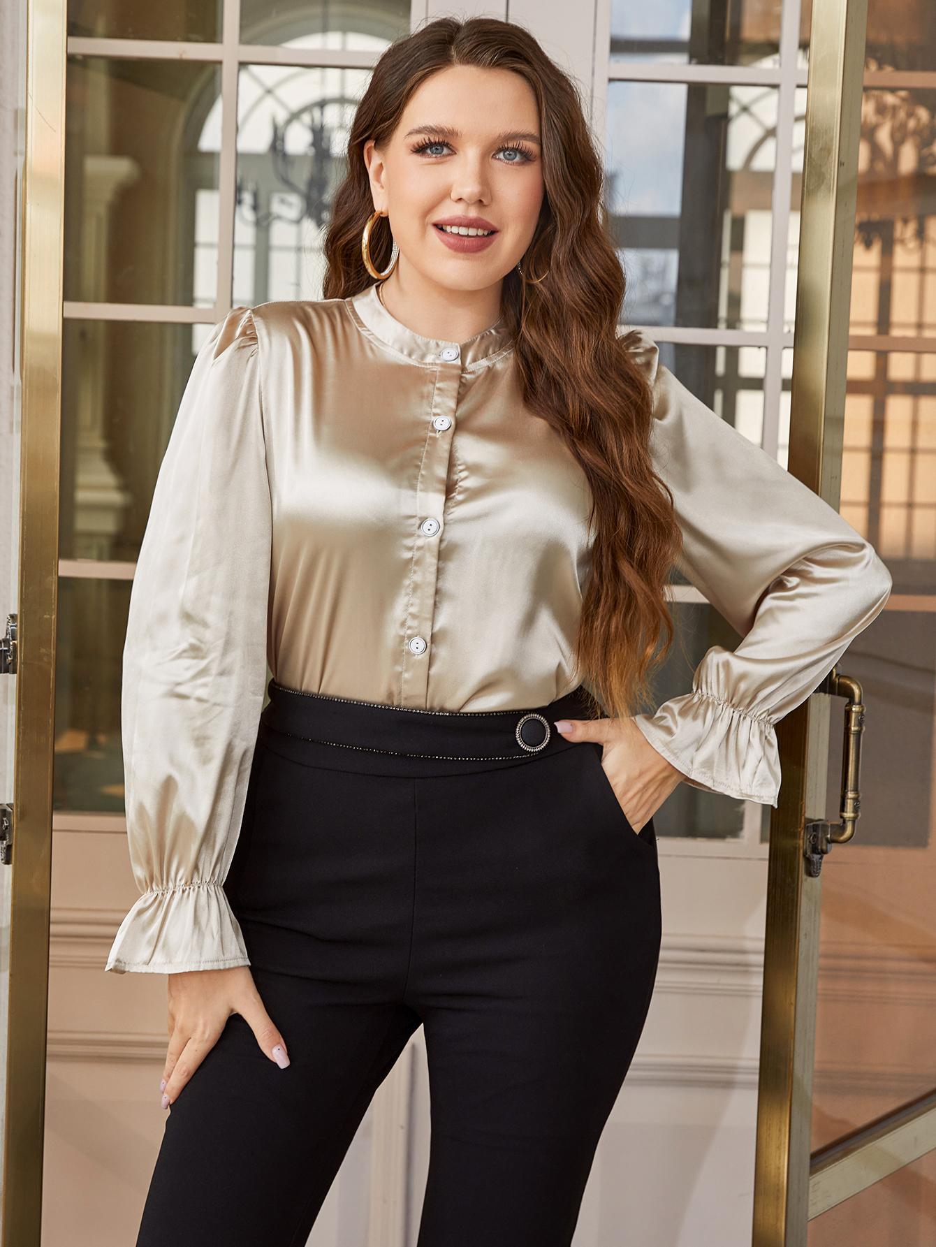 She Wears Glory™ “Quiet Reverence” Plus Size Flounce Sleeve Band Collar Shirt - She Wears Glory Beverly Hills