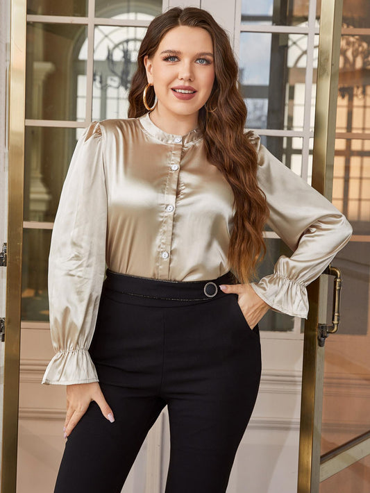 She Wears Glory™ “Quiet Reverence” Plus Size Flounce Sleeve Band Collar Shirt - She Wears Glory Beverly Hills