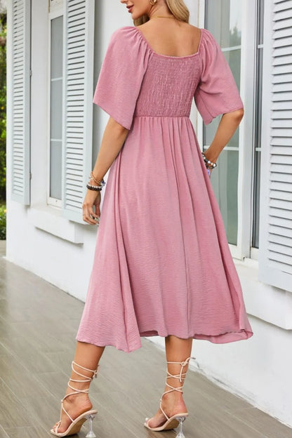 Smocked Tie Front Flutter Sleeve Midi Dress - She Wears Glory Beverly Hills