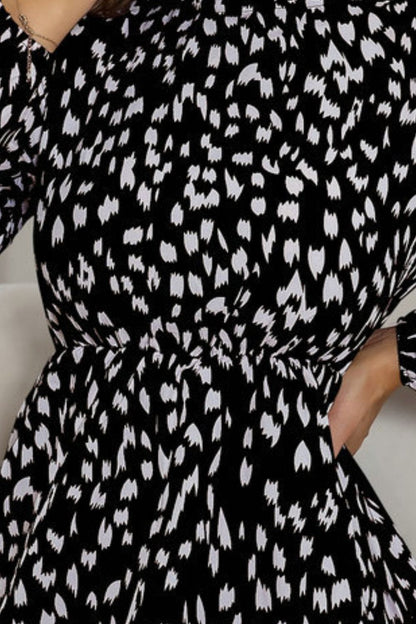 She Wears Glory™ “Framed in Grace” Printed Frill Neck Long Sleeve Dress - She Wears Glory Beverly Hills