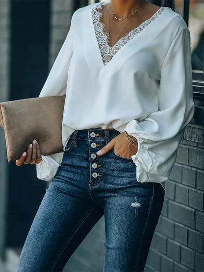 She Wears Glory™ — Adorned in Grace Lace V-Neck Long Sleeve Blouse - She Wears Glory Beverly Hills